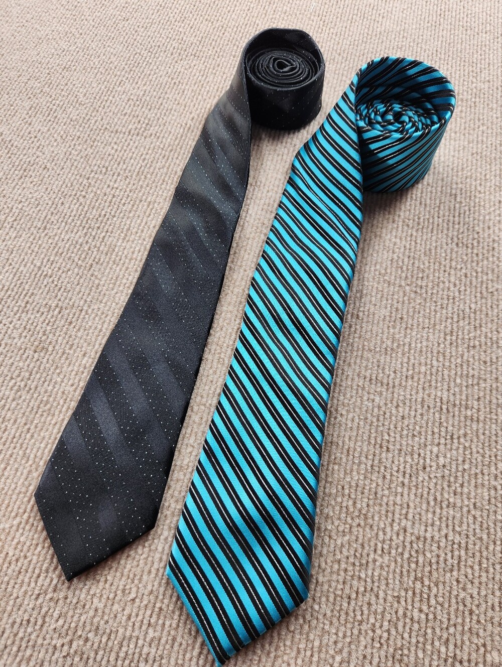 Lot Of 2 J. Ferrar Men's Black Striped And Teal Striped Silk Polyester Neck Ties